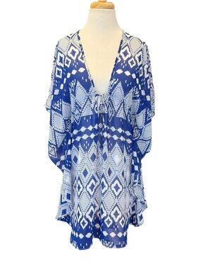 JOSA Tulum Kimono Blue White Geometric Print Cover Up Mini Dress  OS One Size